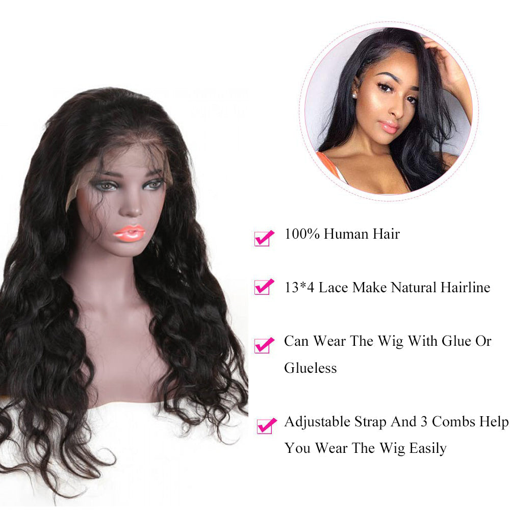 Body Wave 13x4 Transparent Frontal Lace Wig Natural Black 200% Density